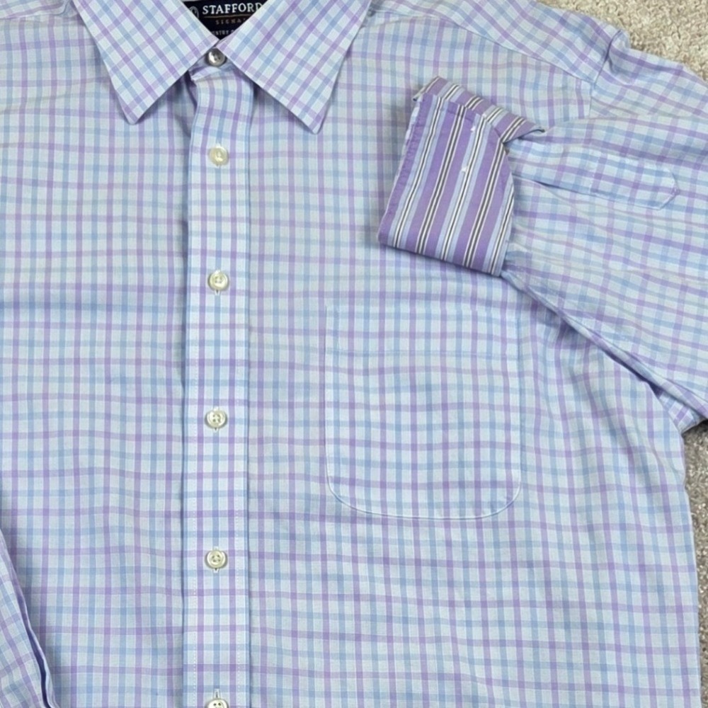 Stafford Signature Broadcloth Dress Shirt Purple Blue Plaid Classic Fit 17 32/33